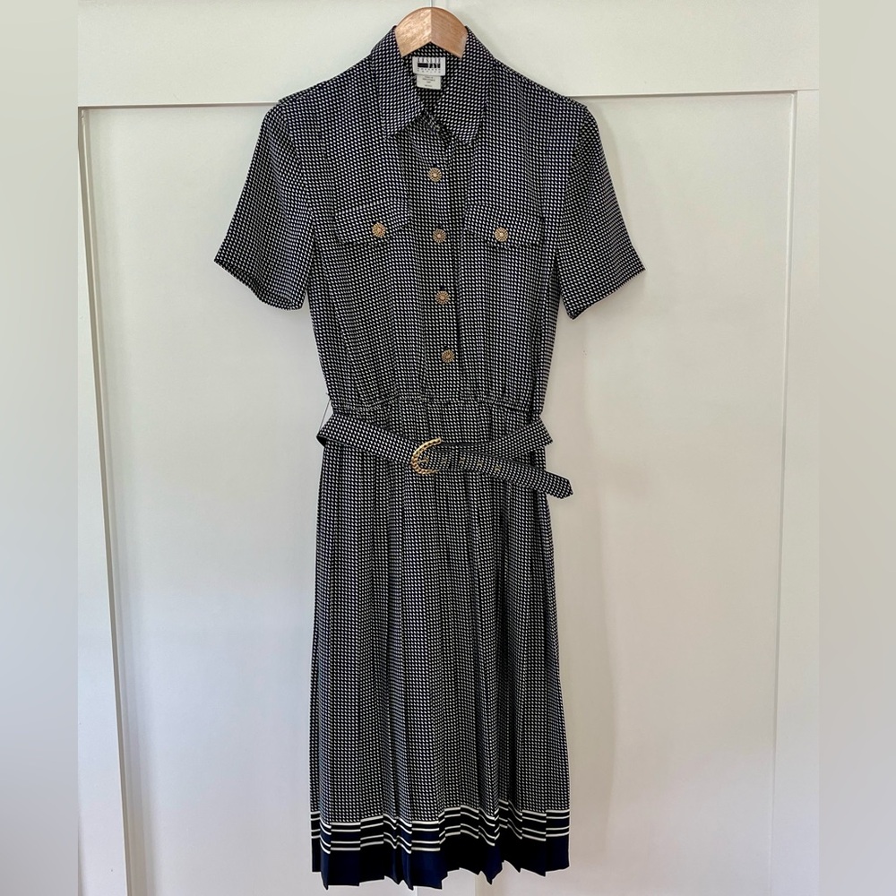 Vintage Navy and White Dress With Gold Buttons and Belt